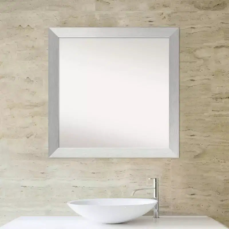 30"x30" Non-Beveled Brushed Sterling Silver Wood Bathroom Wall Mirror