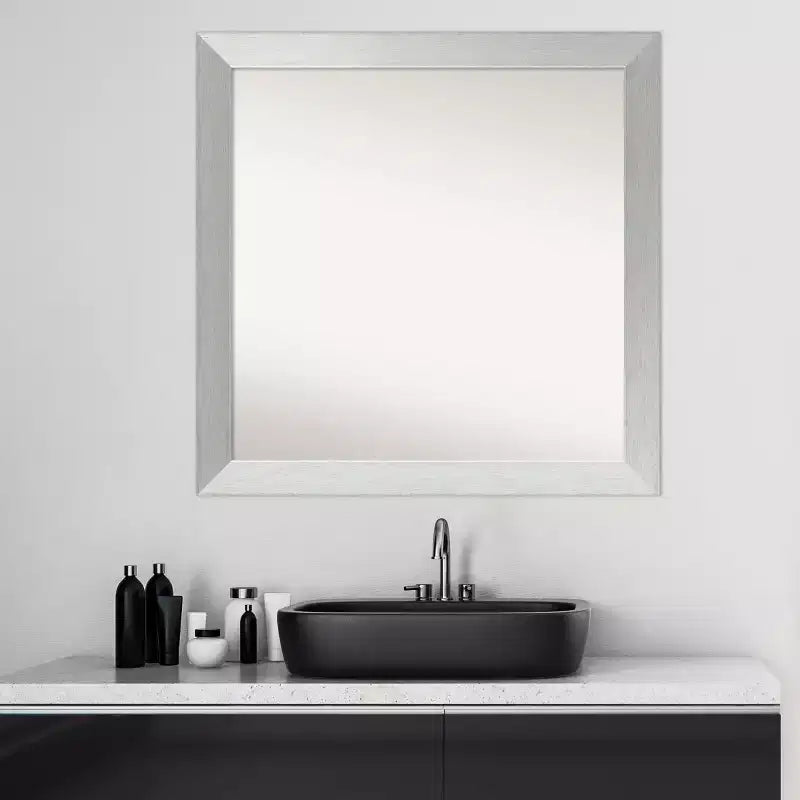 30"x30" Non-Beveled Brushed Sterling Silver Wood Bathroom Wall Mirror