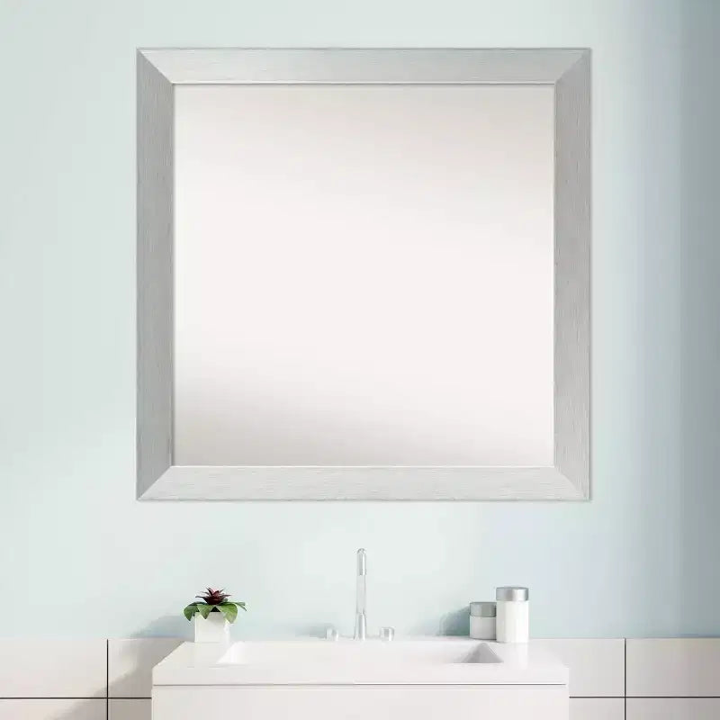 30"x30" Non-Beveled Brushed Sterling Silver Wood Bathroom Wall Mirror