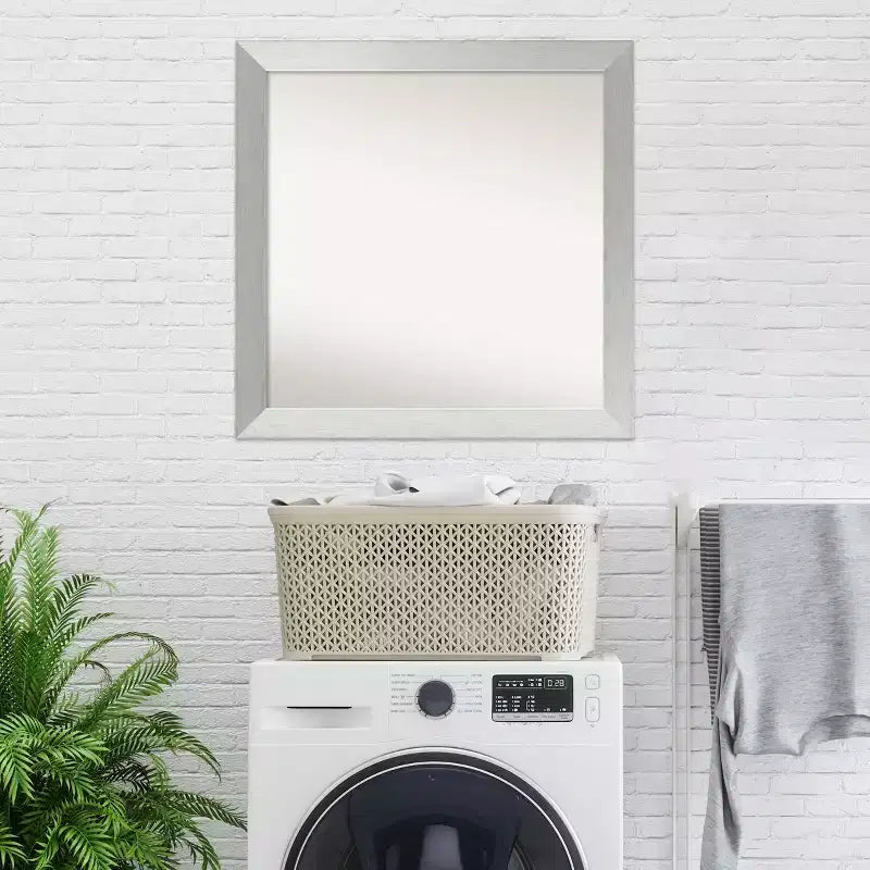30"x30" Non-Beveled Brushed Sterling Silver Wood Bathroom Wall Mirror