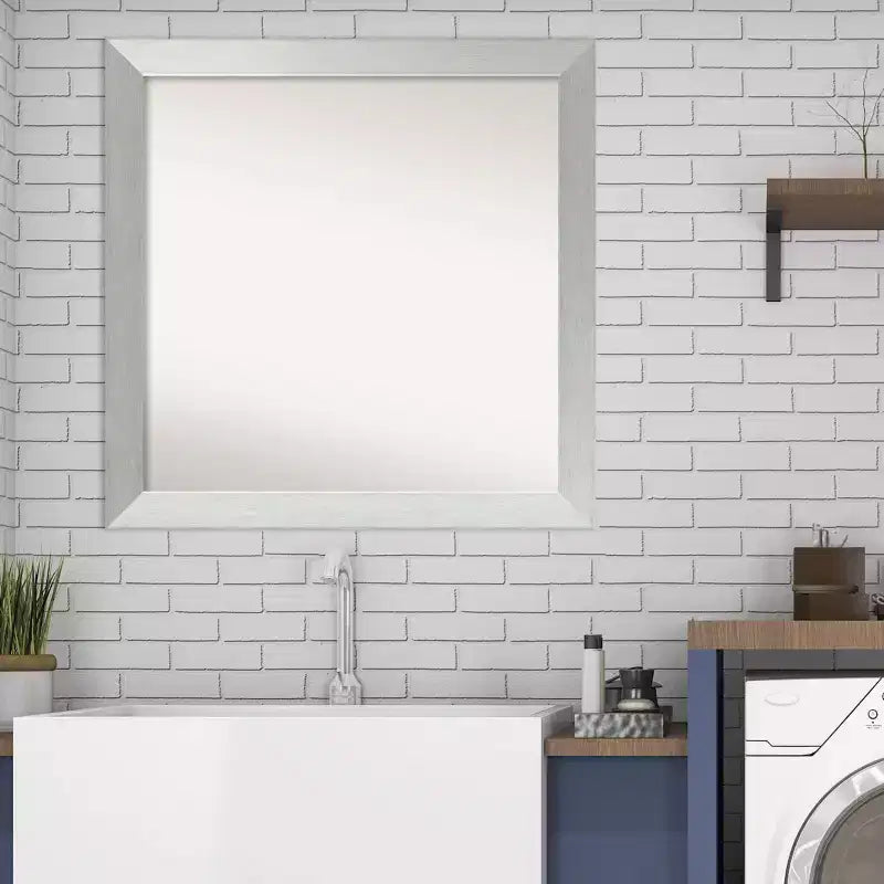 30"x30" Non-Beveled Brushed Sterling Silver Wood Bathroom Wall Mirror