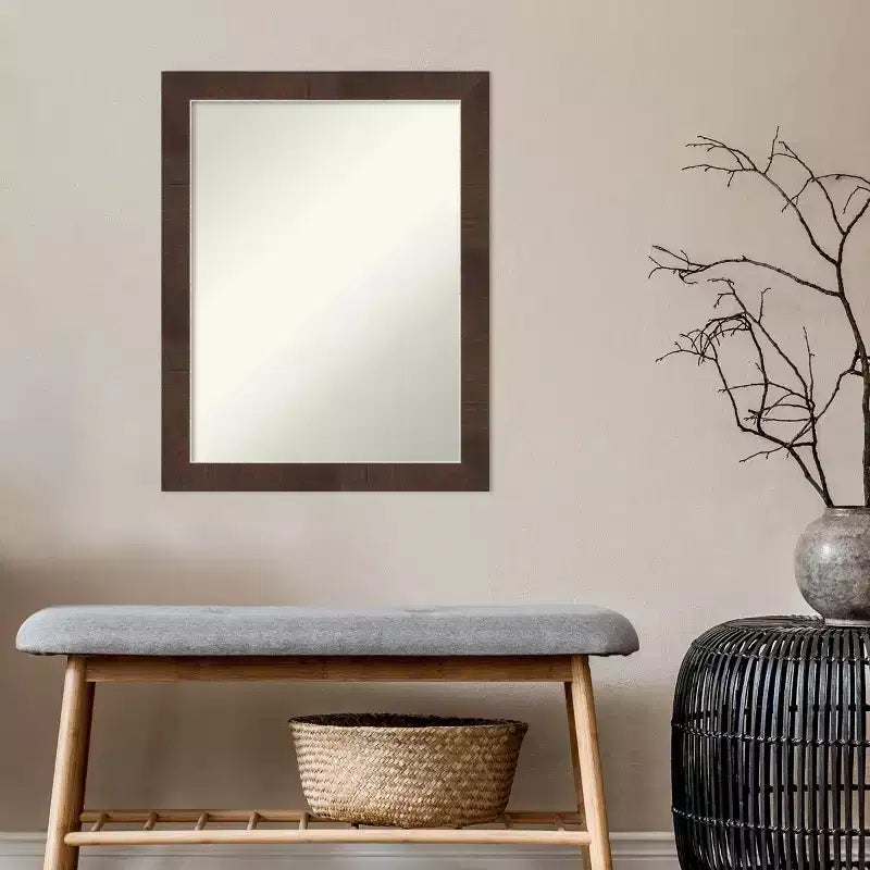 21"x27" Non-Beveled Brown Narrow Wall Mirror - Distressed Woodgrain Frame