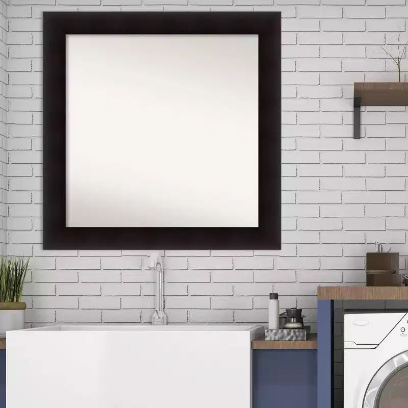 32"x32" Non-Beveled Espresso Wood Bathroom Wall Mirror - Modern Square