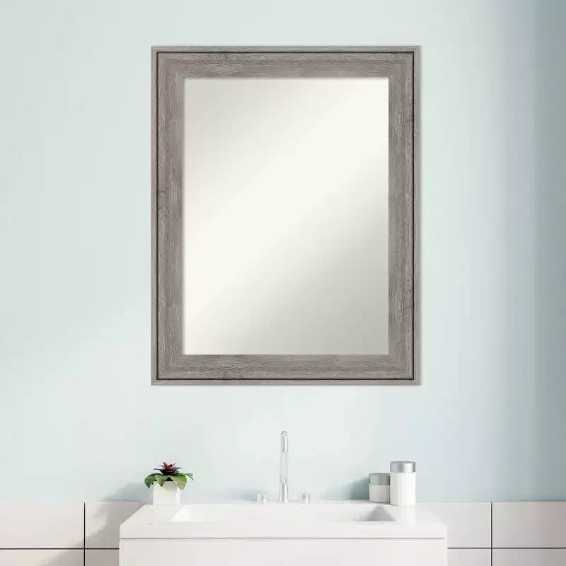 23"x29" Non-Beveled Barnwood Gray Wood Bathroom Wall Mirror