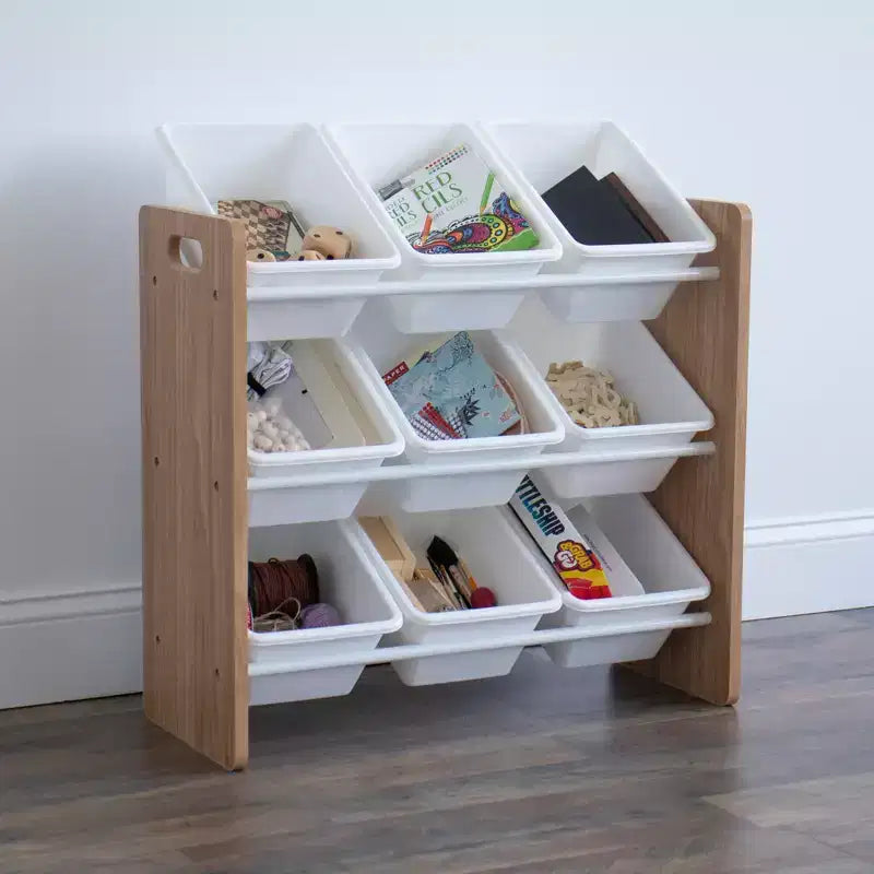 Kids' Toy Storage Organizer with 9 Plastic Storage Bins, Natural Wood/White