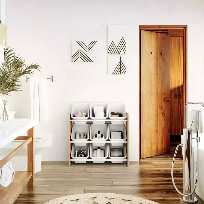 Kids' Toy Storage Organizer with 9 Plastic Storage Bins, Natural Wood/White