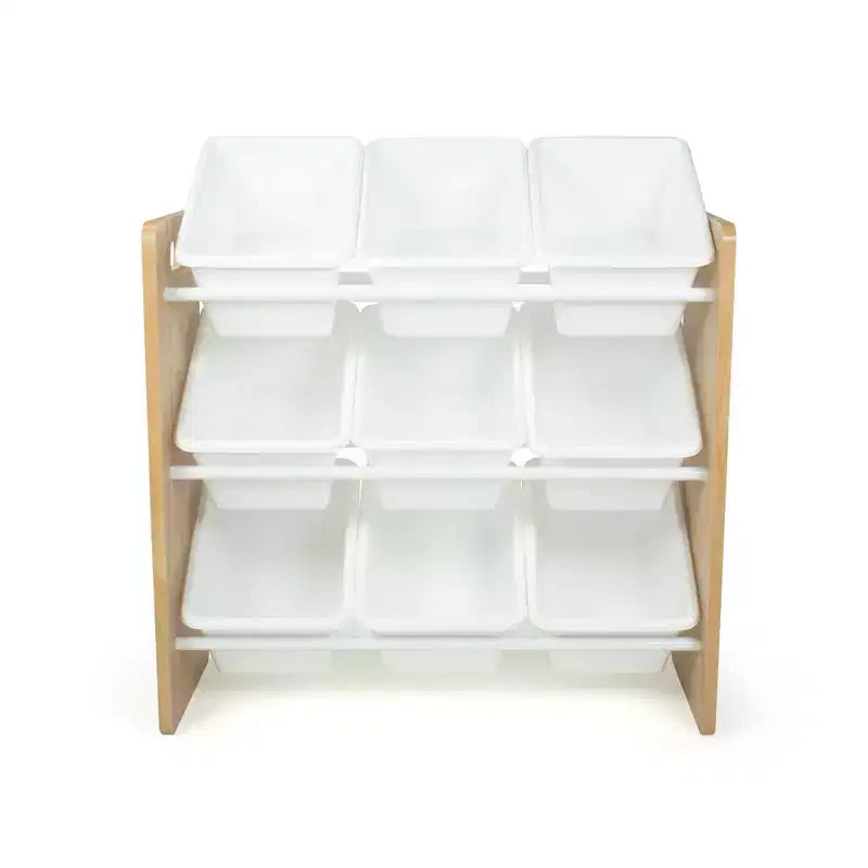 Kids' Toy Storage Organizer with 9 Plastic Storage Bins, Natural Wood/White