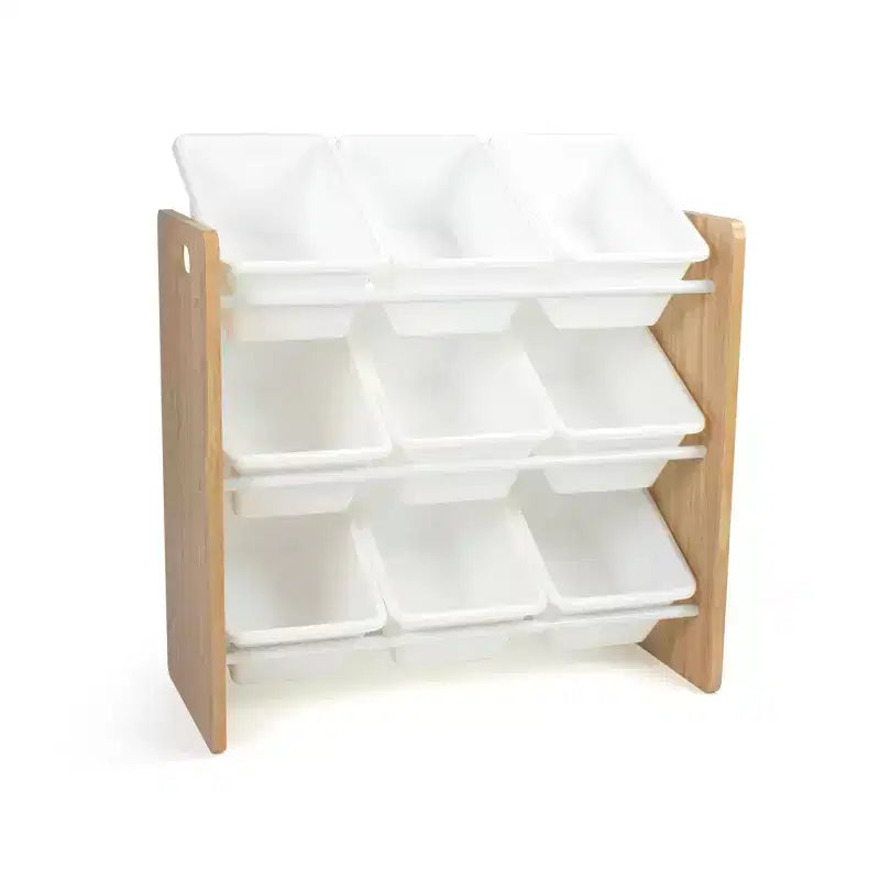 Kids' Toy Storage Organizer with 9 Plastic Storage Bins, Natural Wood/White