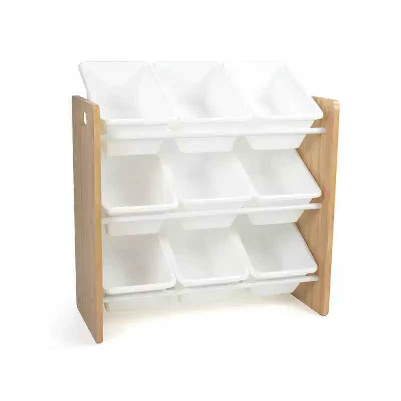 Kids' Toy Storage Organizer with 9 Plastic Storage Bins, Natural Wood/White