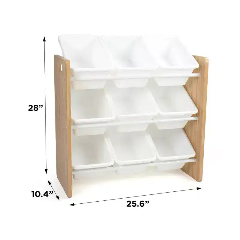 Kids' Toy Storage Organizer with 9 Plastic Storage Bins, Natural Wood/White