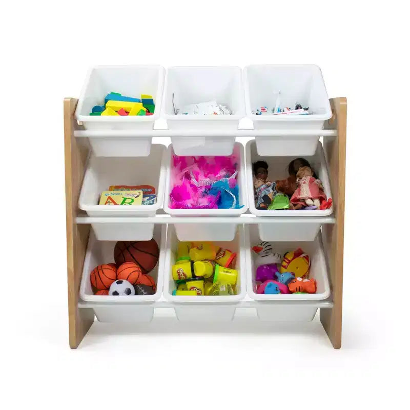 Kids' Toy Storage Organizer with 9 Plastic Storage Bins, Natural Wood/White