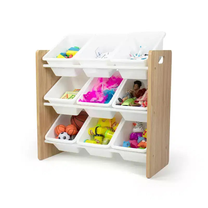 Kids' Toy Storage Organizer with 9 Plastic Storage Bins, Natural Wood/White