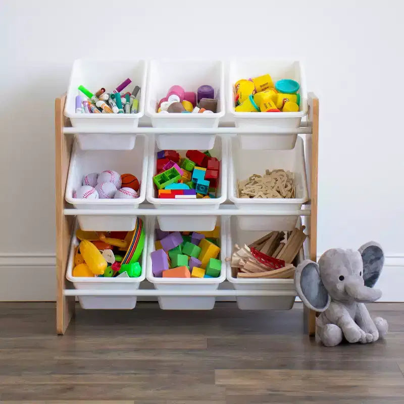 Kids' Toy Storage Organizer with 9 Plastic Storage Bins, Natural Wood/White