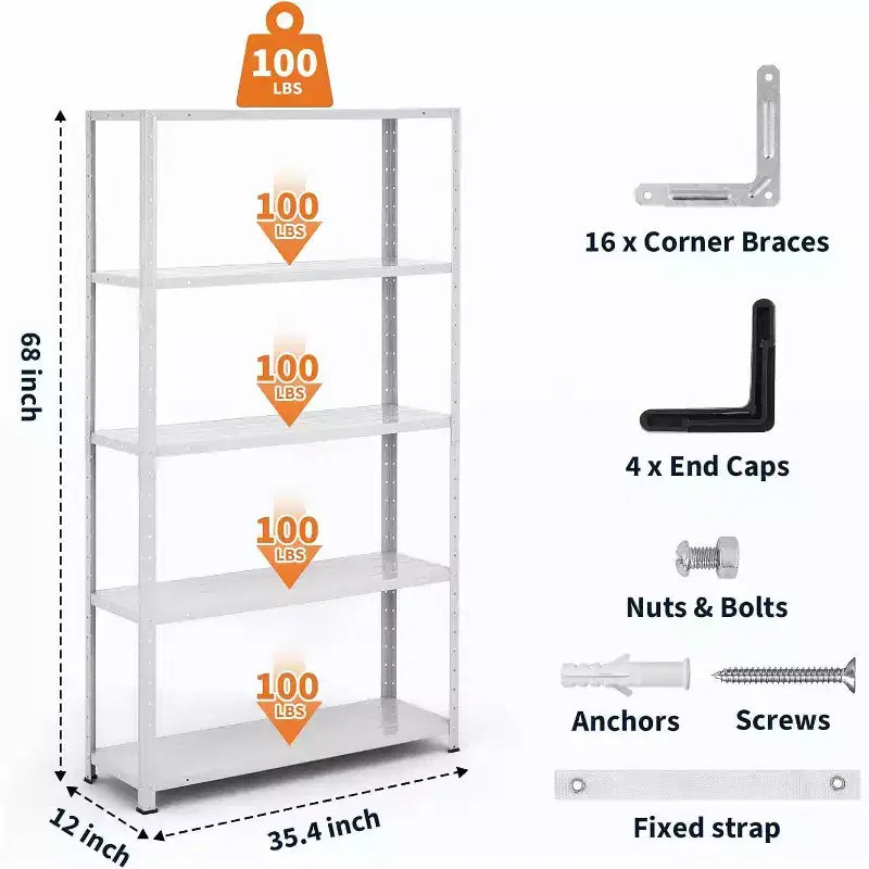 5-Tier Heavy Duty Steel Shelving Unit, 500 lb Capacity, Adjustable Height