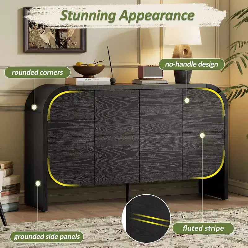 Retro 4-Door Buffet Cabinet with Rounded Corners and Adjustable Shelves, Black