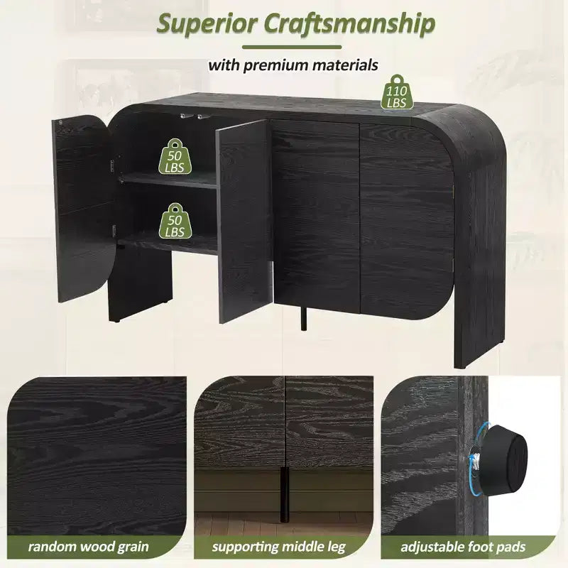 Retro 4-Door Buffet Cabinet with Rounded Corners and Adjustable Shelves, Black