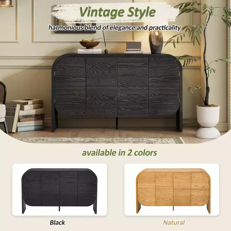 Retro 4-Door Buffet Cabinet with Rounded Corners and Adjustable Shelves, Black