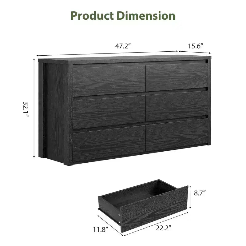 Rustic Farmhouse 6-Drawer Dresser with Handle-Free Design and Anti-Tip Safety