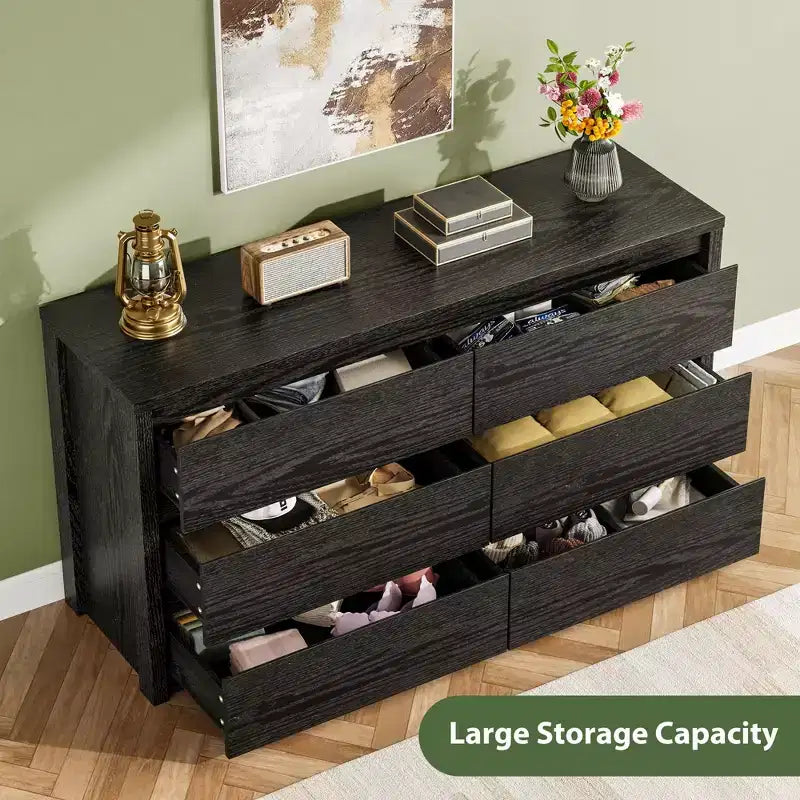 Rustic Farmhouse 6-Drawer Dresser with Handle-Free Design and Anti-Tip Safety