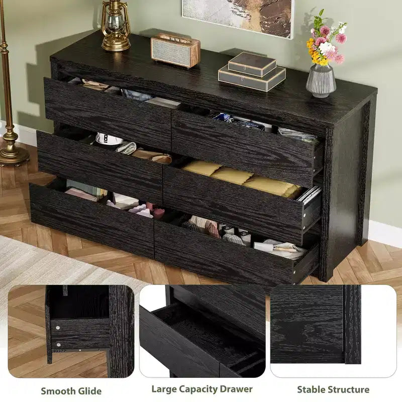 Rustic Farmhouse 6-Drawer Dresser with Handle-Free Design and Anti-Tip Safety