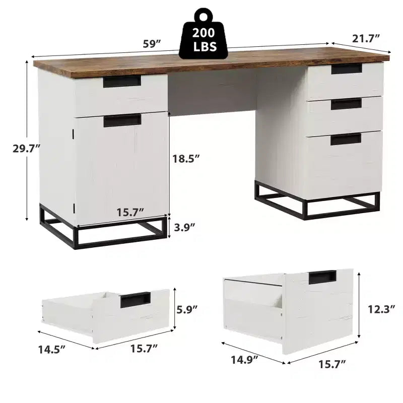 59" Farmhouse Executive Desk with File Drawer and Storage Cabinet