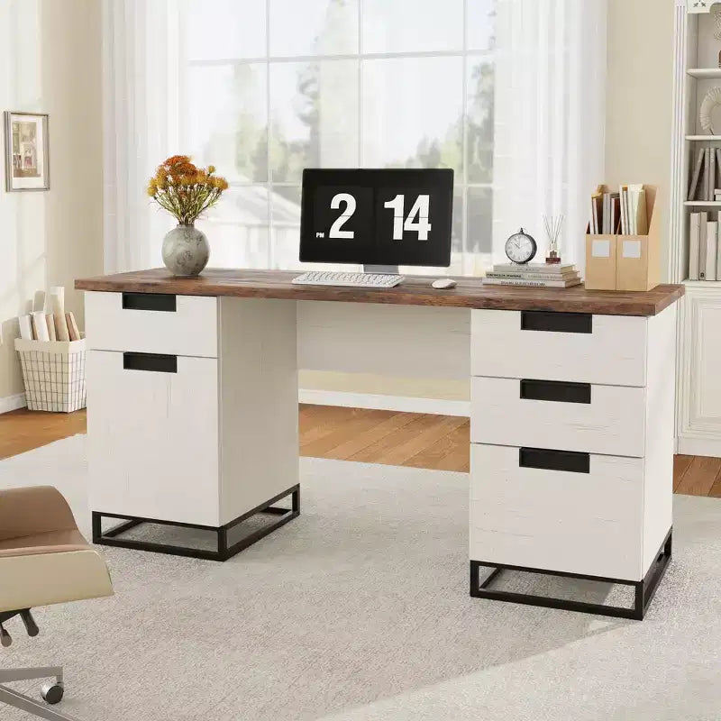 59" Farmhouse Executive Desk with File Drawer and Storage Cabinet