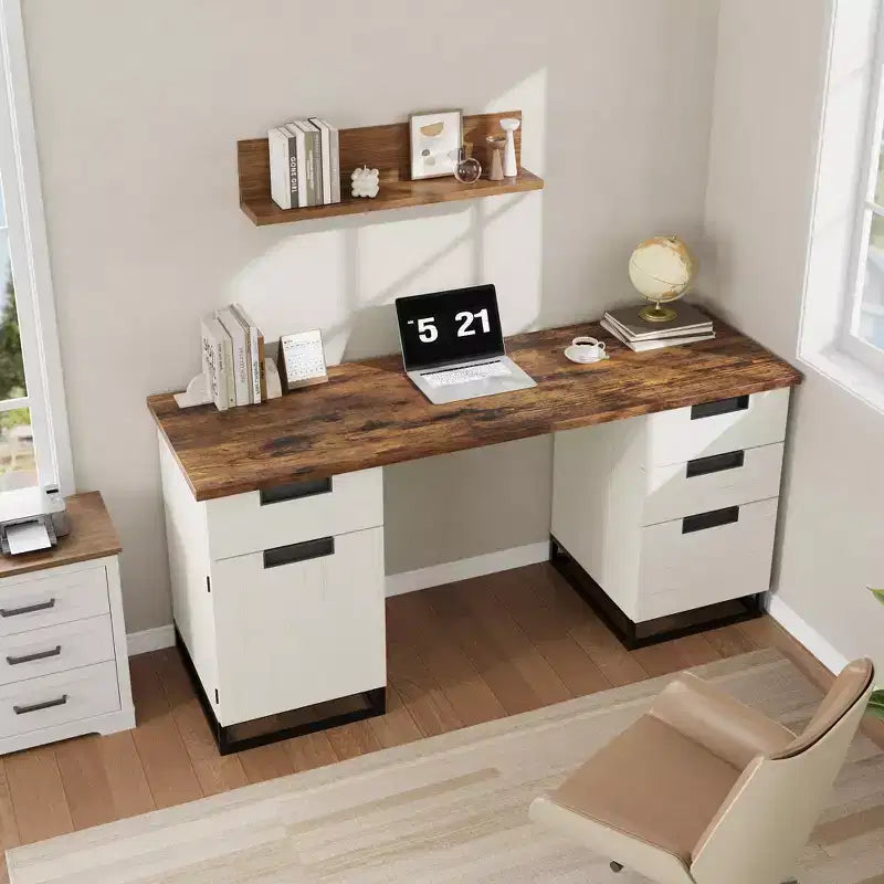 59" Farmhouse Executive Desk with File Drawer and Storage Cabinet