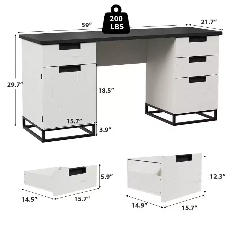 59" Farmhouse Executive Desk with File Drawer and Storage Cabinet