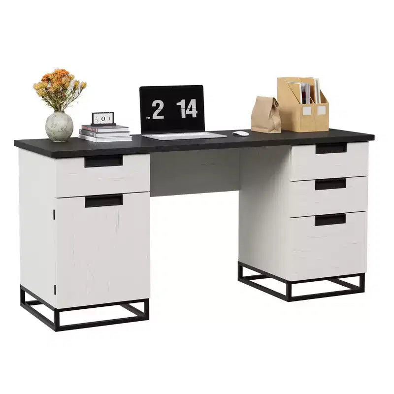 59" Farmhouse Executive Desk with File Drawer and Storage Cabinet