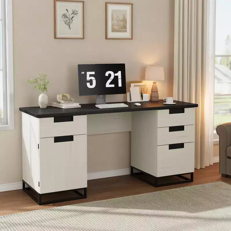 59" Farmhouse Executive Desk with File Drawer and Storage Cabinet