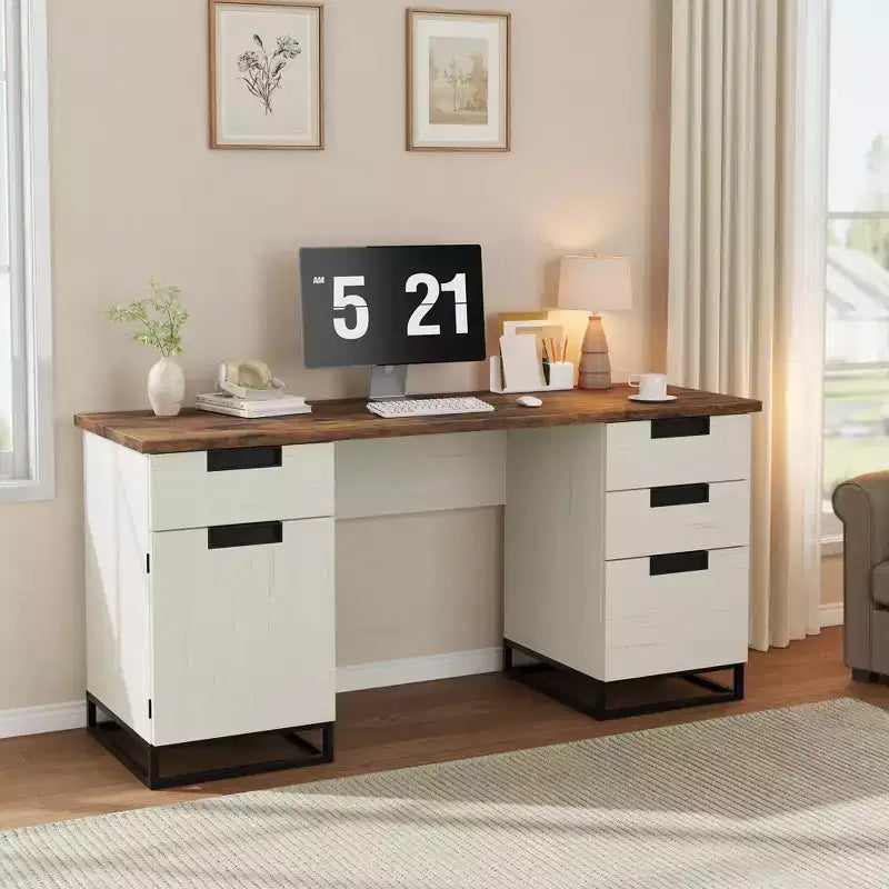 59" Farmhouse Executive Desk with File Drawer and Storage Cabinet