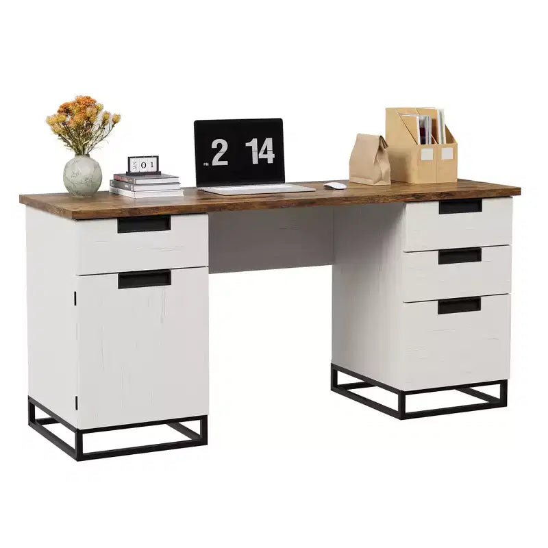 59" Farmhouse Executive Desk with File Drawer and Storage Cabinet