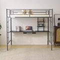 Twin Size Metal Loft Bed with Desk, Storage Shelves and 2 Built-In Ladders