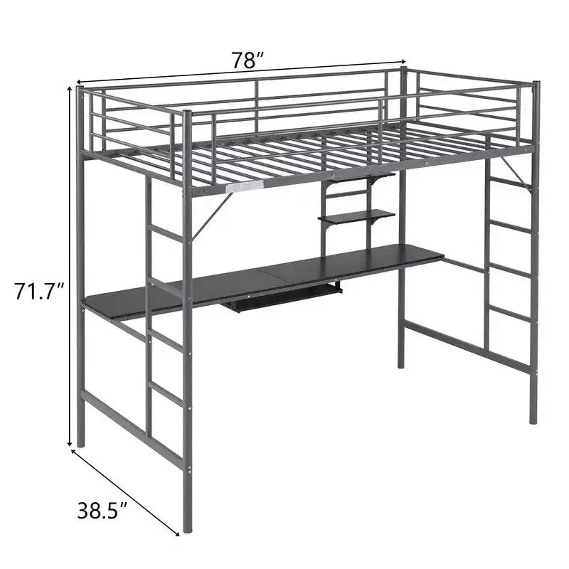 Twin Size Metal Loft Bed with Desk, Storage Shelves and 2 Built-In Ladders