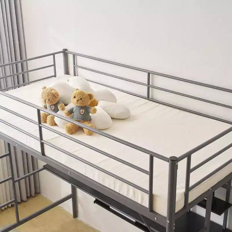 Twin Size Metal Loft Bed with Desk, Storage Shelves and 2 Built-In Ladders