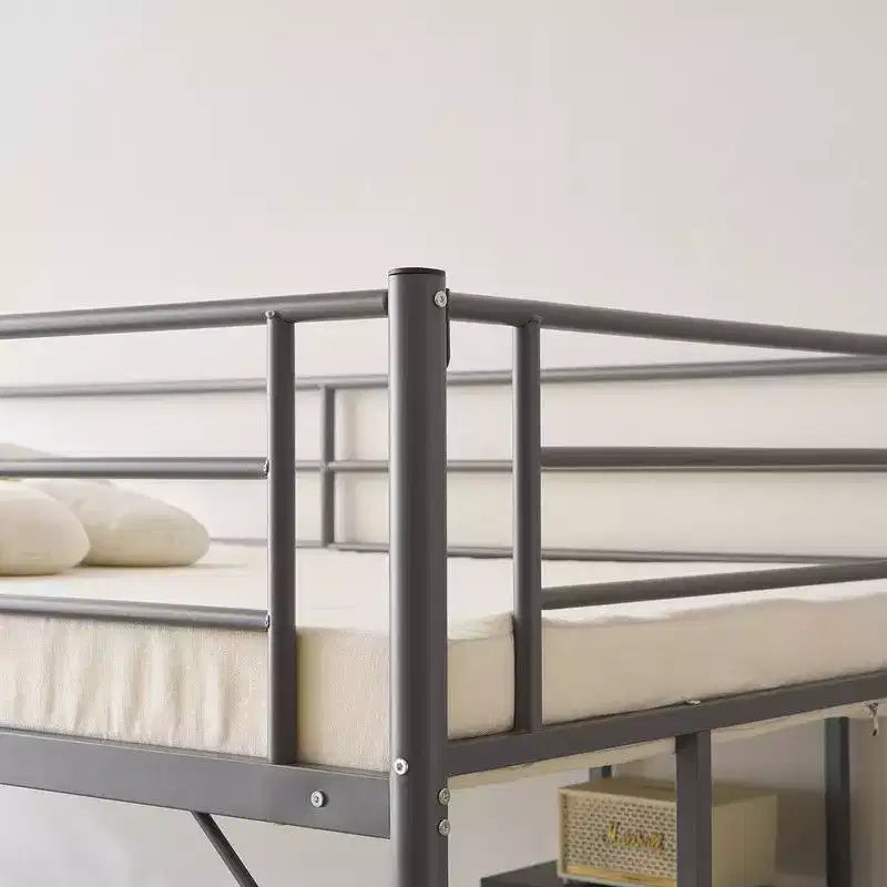 Twin Size Metal Loft Bed with Desk, Storage Shelves and 2 Built-In Ladders