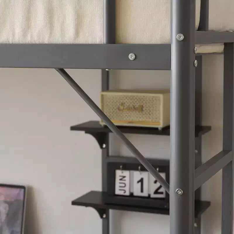 Twin Size Metal Loft Bed with Desk, Storage Shelves and 2 Built-In Ladders