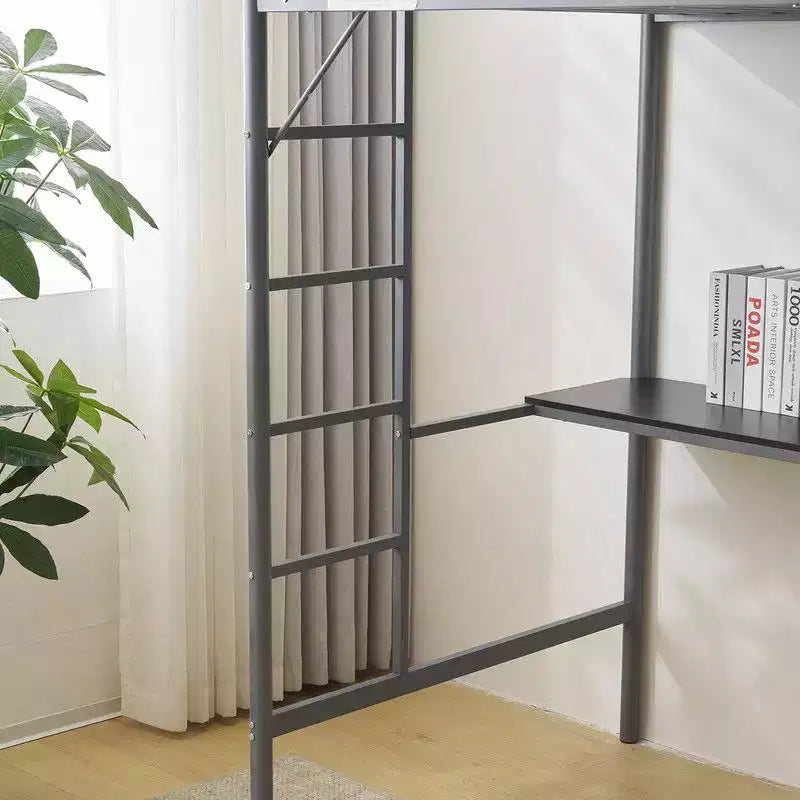 Twin Size Metal Loft Bed with Desk, Storage Shelves and 2 Built-In Ladders