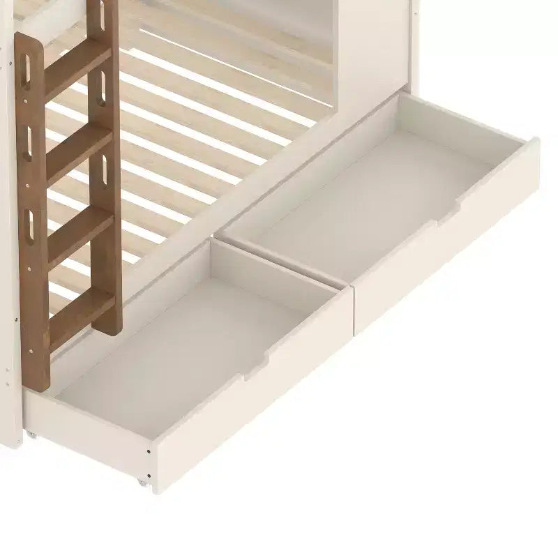 Queen over Queen Bunk Bed with Storage Drawers, Shelves and Hooks, Solid Wood