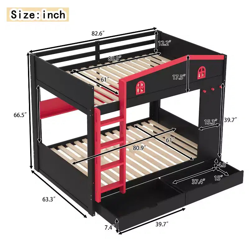 Queen over Queen Bunk Bed with Storage Drawers, Shelves and Hooks, Solid Wood