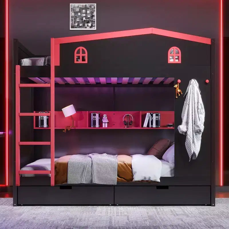 Queen over Queen Bunk Bed with Storage Drawers, Shelves and Hooks, Solid Wood