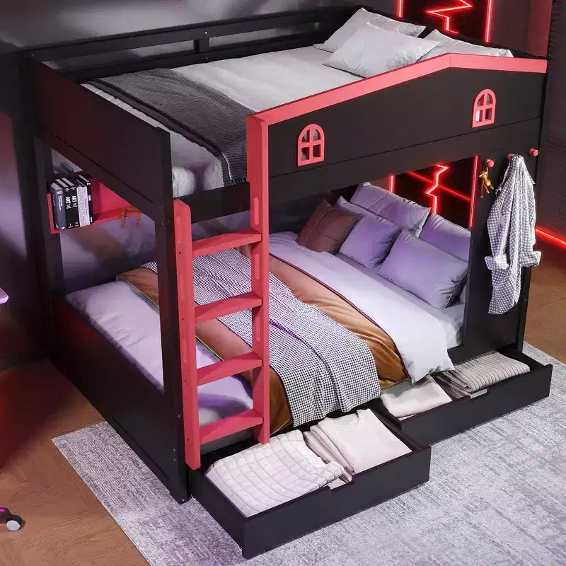 Queen over Queen Bunk Bed with Storage Drawers, Shelves and Hooks, Solid Wood