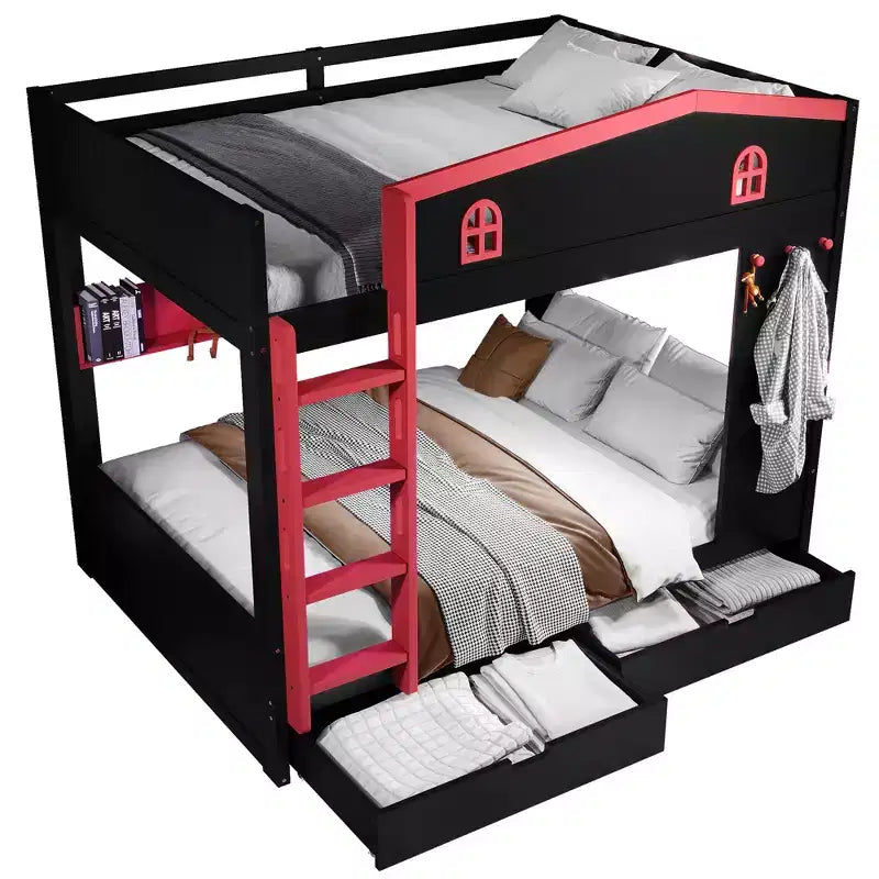 Queen over Queen Bunk Bed with Storage Drawers, Shelves and Hooks, Solid Wood