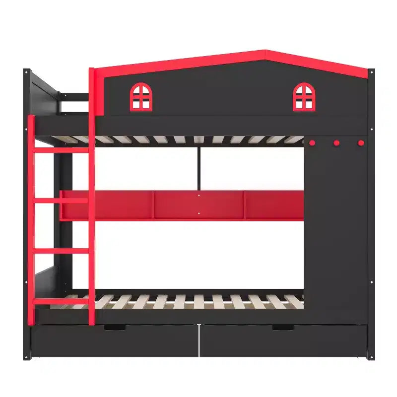 Queen over Queen Bunk Bed with Storage Drawers, Shelves and Hooks, Solid Wood
