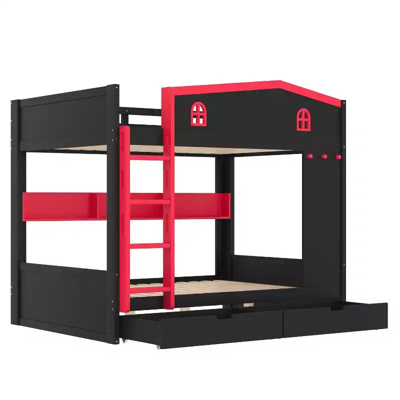 Queen over Queen Bunk Bed with Storage Drawers, Shelves and Hooks, Solid Wood