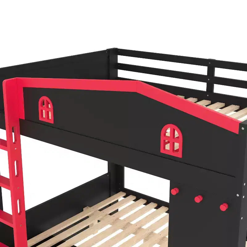 Queen over Queen Bunk Bed with Storage Drawers, Shelves and Hooks, Solid Wood