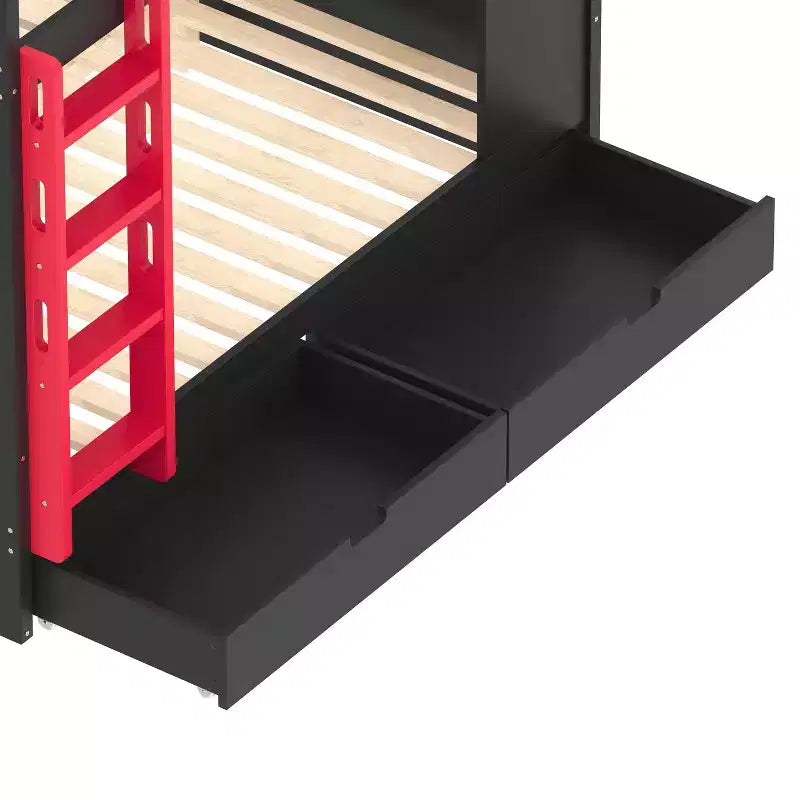 Queen over Queen Bunk Bed with Storage Drawers, Shelves and Hooks, Solid Wood
