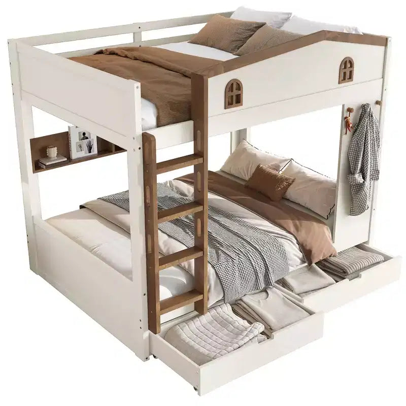 Queen over Queen Bunk Bed with Storage Drawers, Shelves and Hooks, Solid Wood