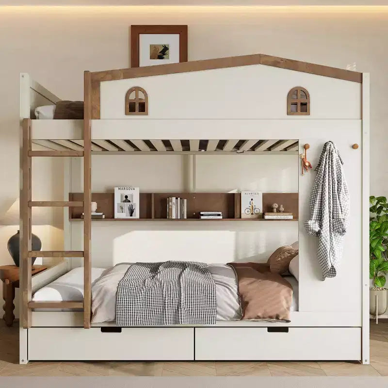 Queen over Queen Bunk Bed with Storage Drawers, Shelves and Hooks, Solid Wood