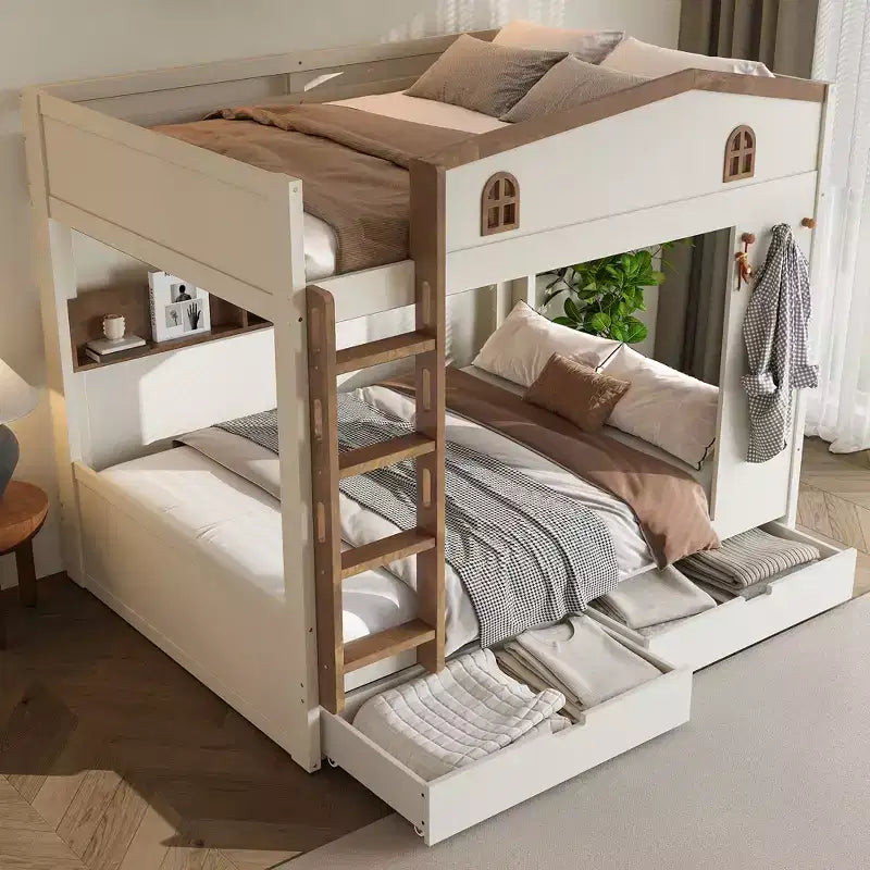 Queen over Queen Bunk Bed with Storage Drawers, Shelves and Hooks, Solid Wood